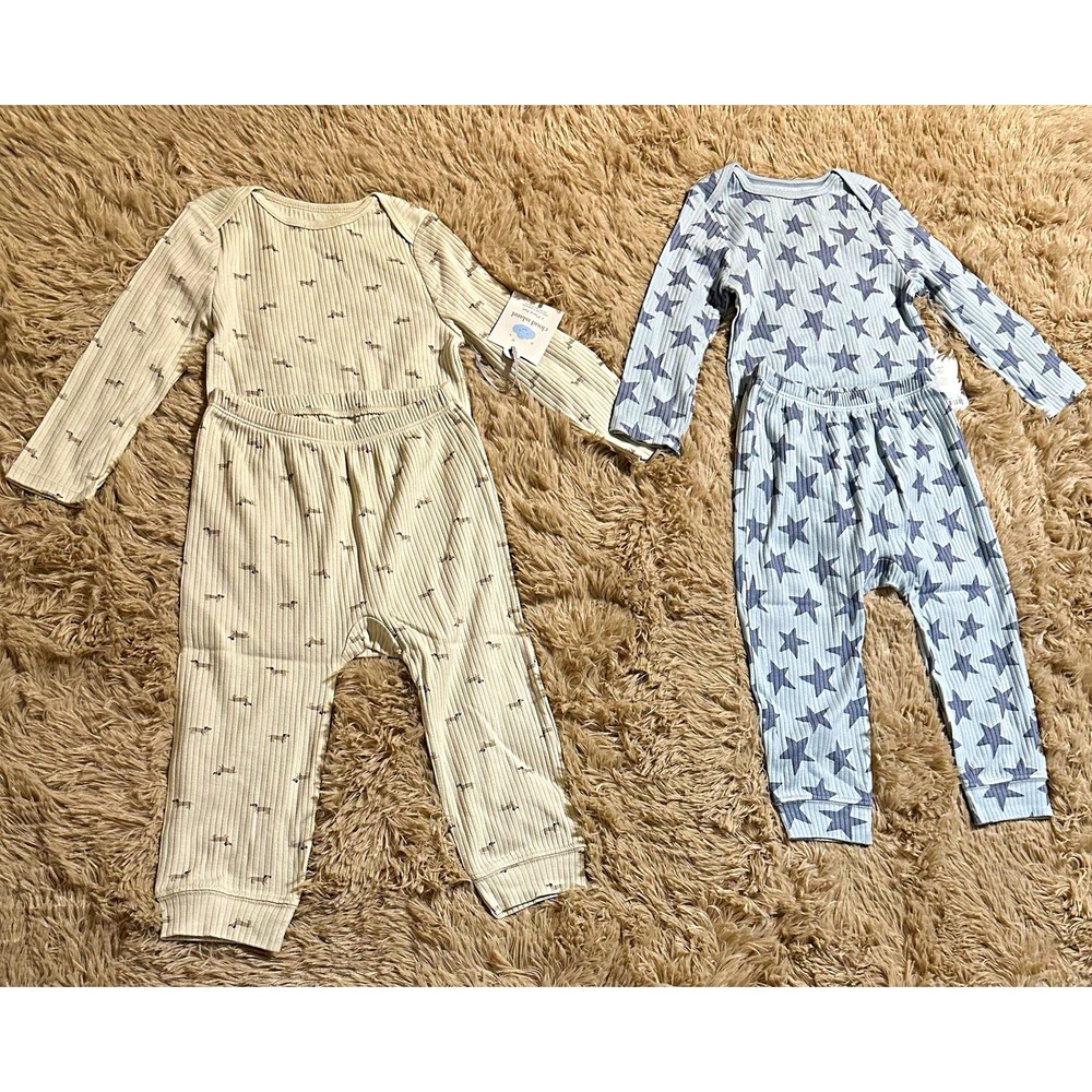 2 Sets Cloud Island 2pc Puppy Cotton Long Sleeve Snap Coverall Set Stars 24M